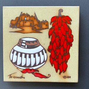 Vintage 1982 Cleo Teissedre Hand Painted Southwest Chili Ristra Ceramic Tile Art